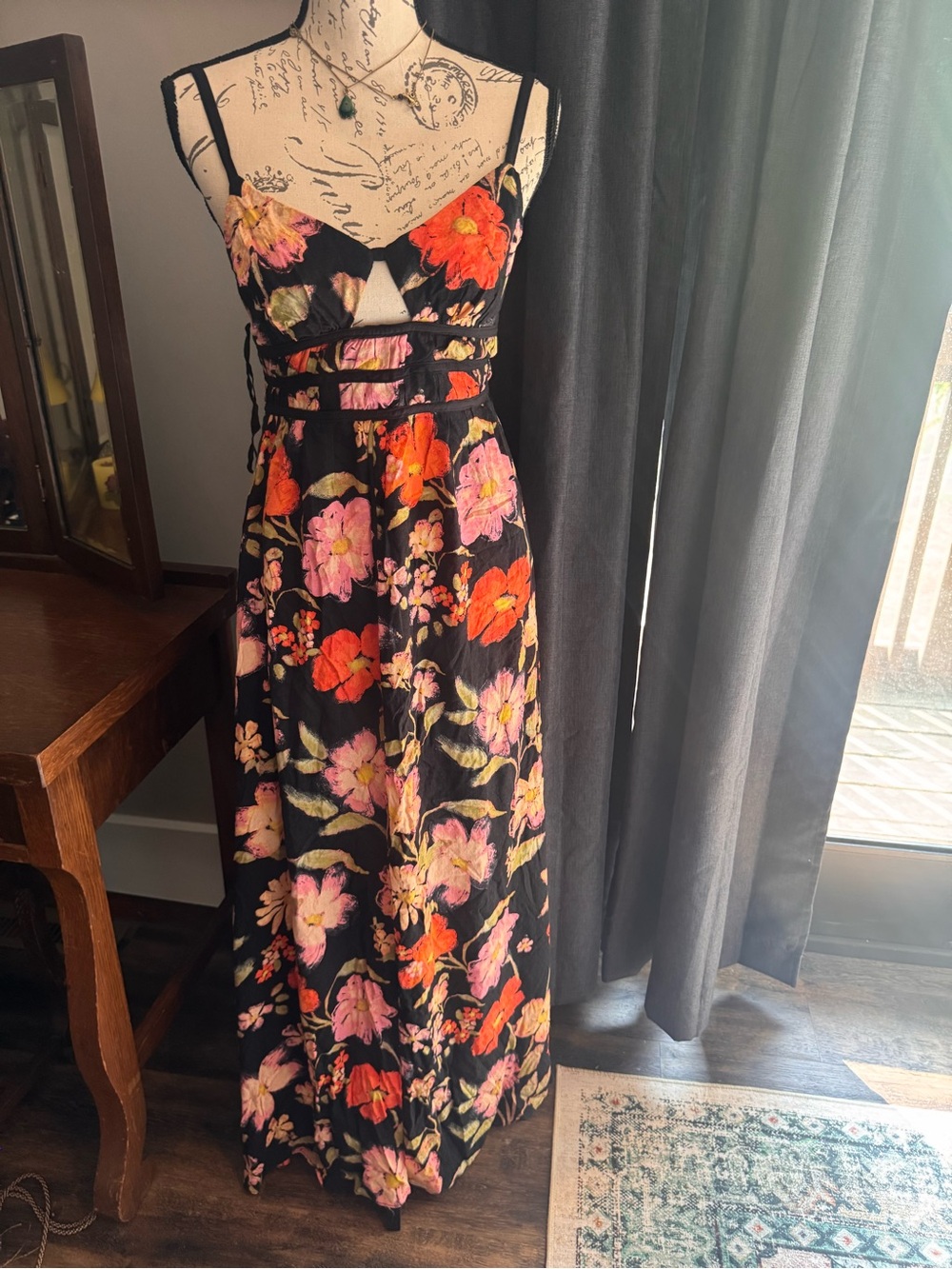 Free People Black Maxi Dress with Pink & Orange Floral Print NWT